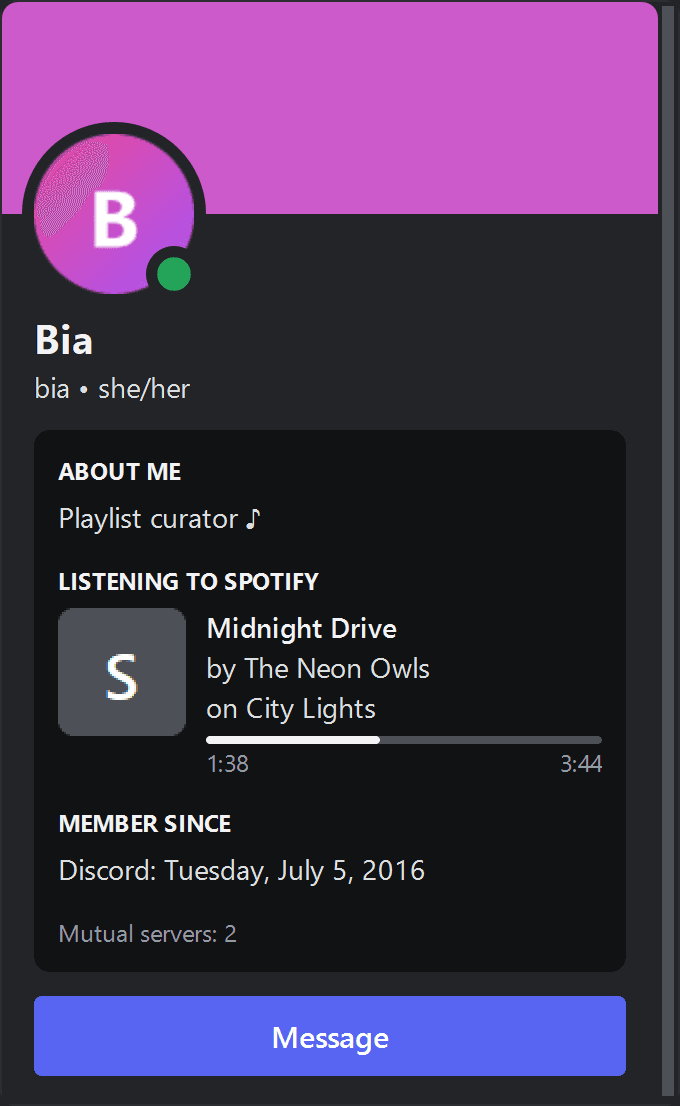 A profile card showing what the user is listening to