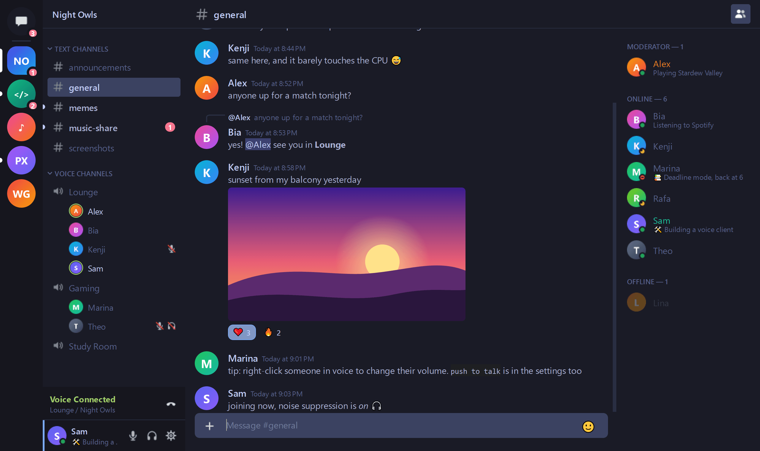 Snapcord with the theme Tokyo Night